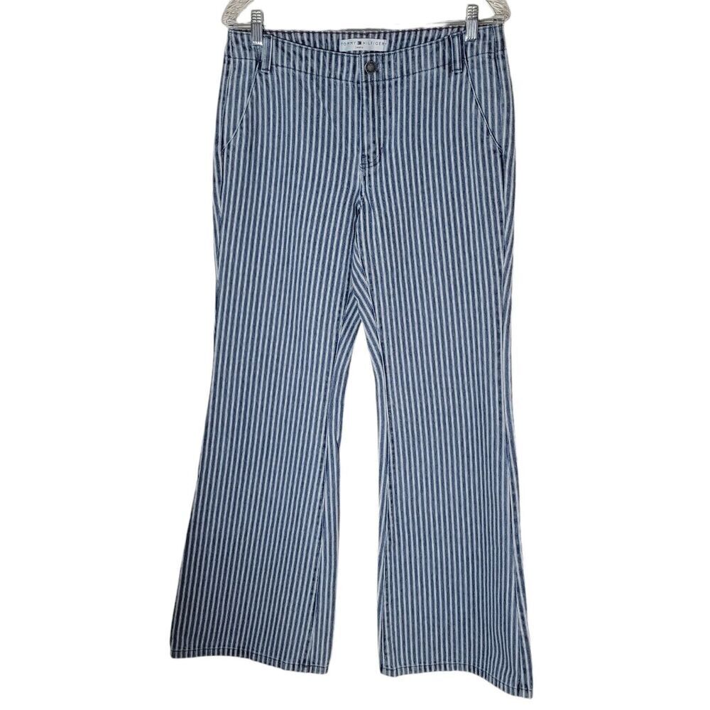 Tommy Hilfiger Y2K Striped Flare Jeans Women's‎ Size 6 Blue White Hippie Boho
